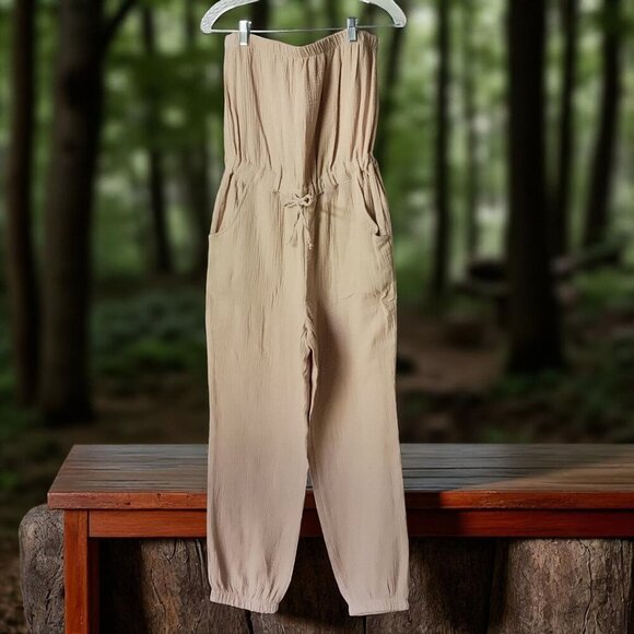 Jolie & Joy Beige High-Waisted Crinkled Cotton Jumpsuit with Pockets -M - Picture 1 of 10